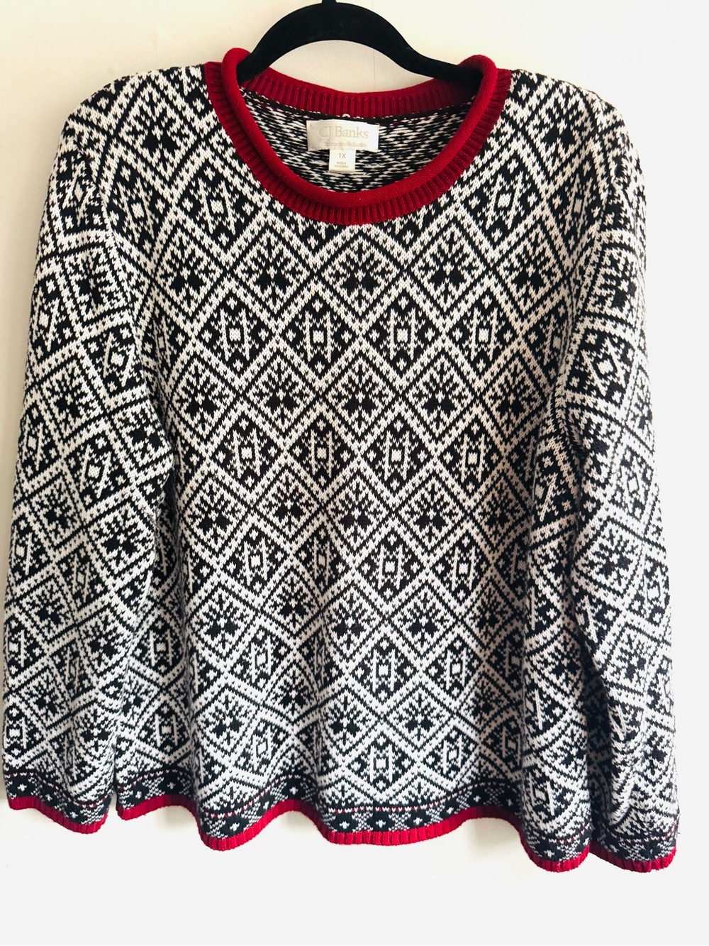 CJ Banks Black & White Fair Isle Sweater with Red Trim